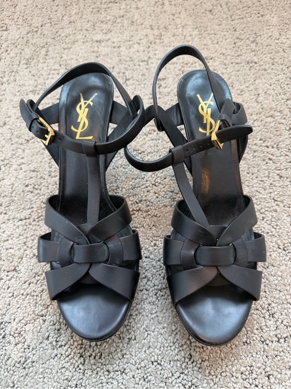 Authentic YSL Saint Laurent Black Leather T-Strap Tribute Platform Heels Sz 38.5